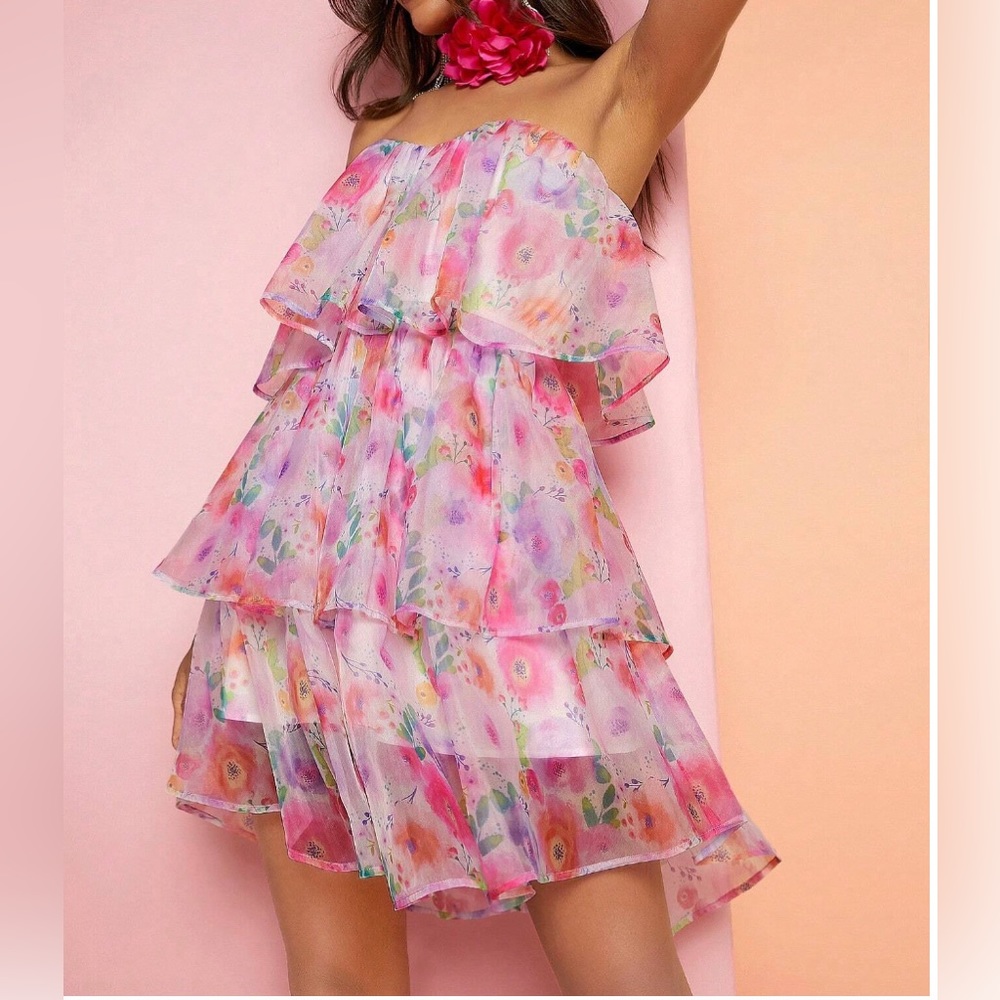 LAST ONE π₯ Boho Floral Print Layer Hem Cami Dress Pink - Picture 2 of 10